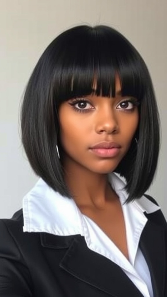 A woman with a bob quick weave hairstyle featuring bangs, wearing a black jacket and a white shirt.