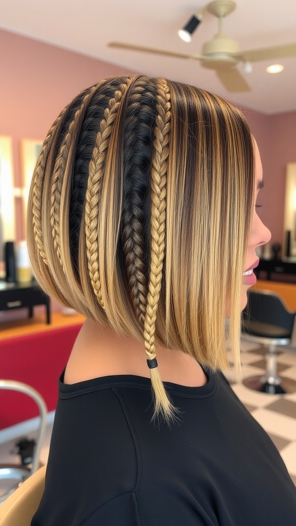 A stylish bob quick weave hairstyle with braids, featuring a blend of dark and light colors.