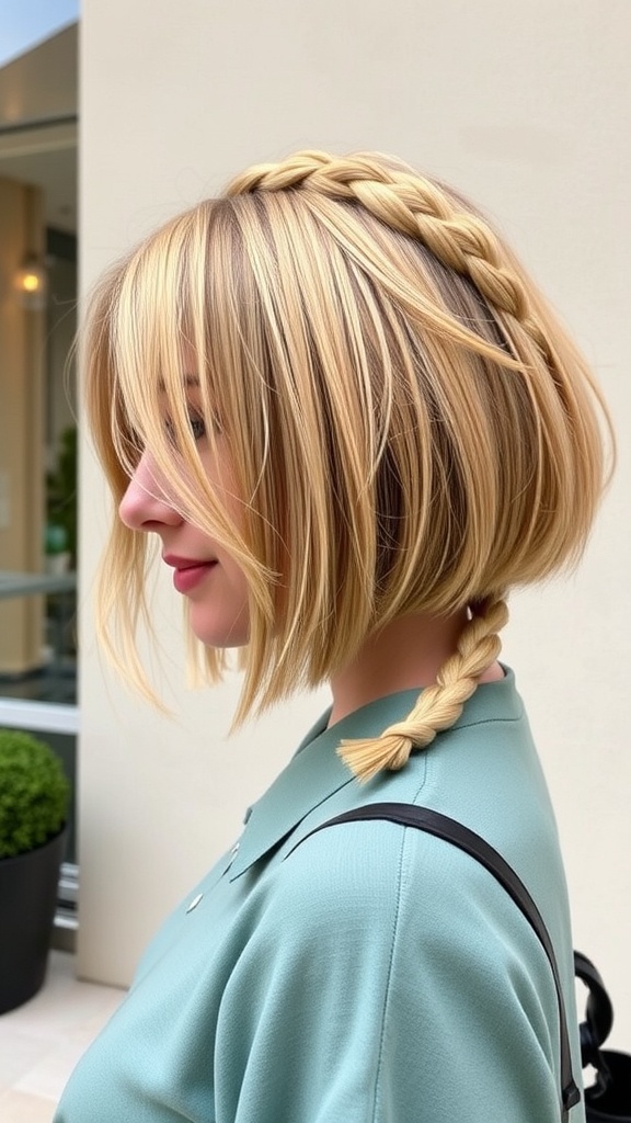 Close-up of a woman with a bob hairstyle featuring a braided side ponytail.
