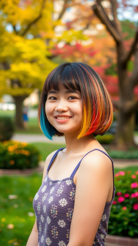A young woman with a bob haircut featuring colorful tips of blue, red, and yellow, smiling in a garden setting.