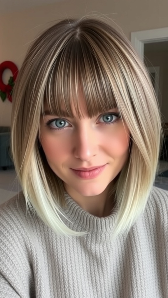 A woman with a short bob hairstyle and curtain bangs, showcasing a stylish look for thin fine hair.