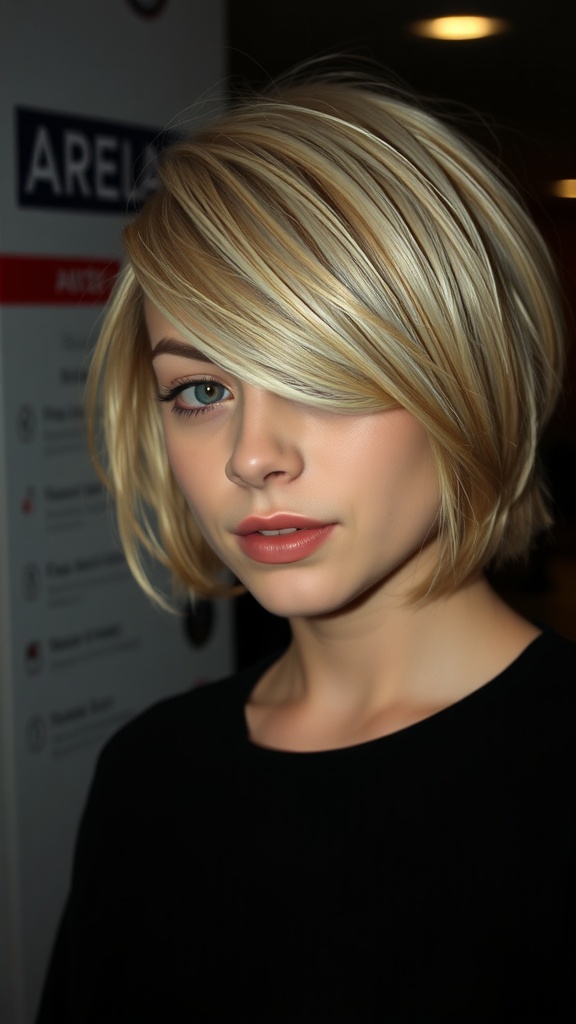 Short blonde bob hairstyle with side-swept bangs
