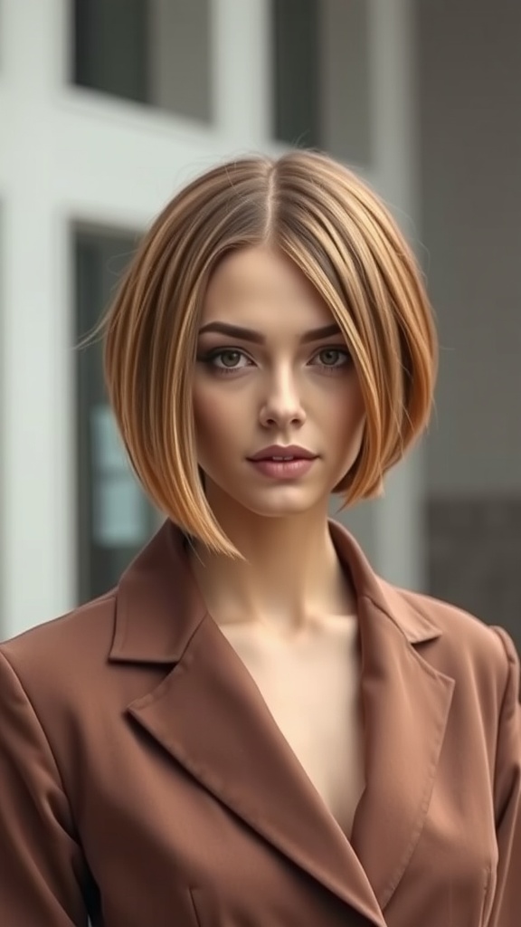 A woman with a sleek bob hairstyle and side part, wearing a brown blazer.