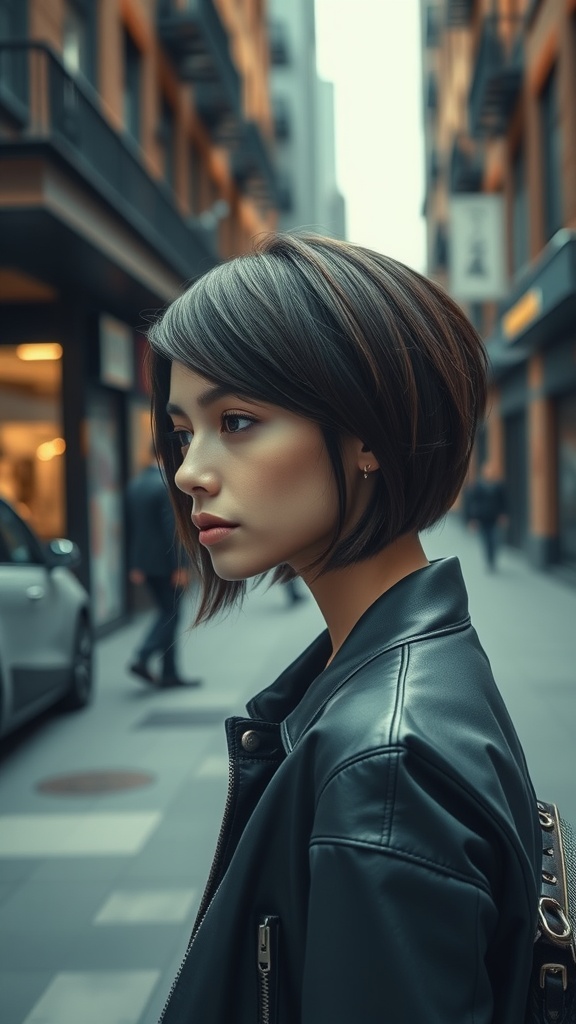 A woman with a bob hairstyle and an undercut, wearing a leather jacket, standing in an urban setting.