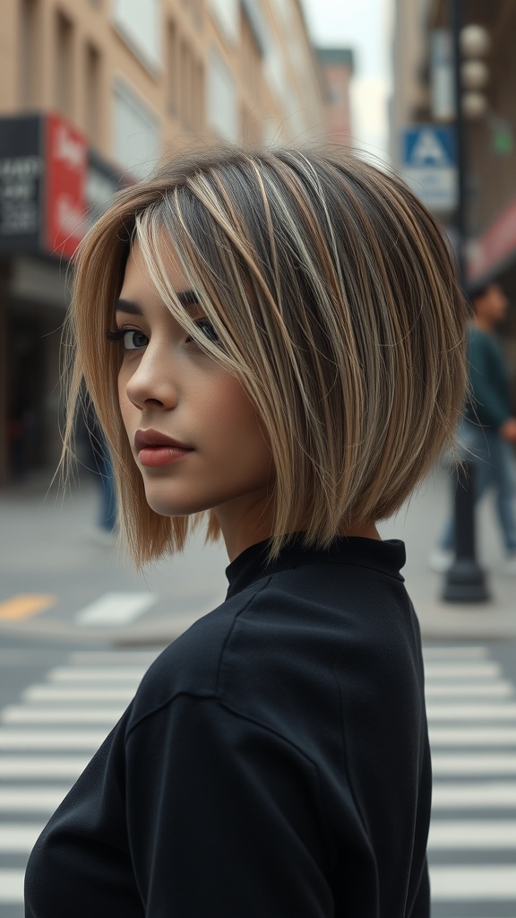 A woman with a stylish bob haircut featuring an undercut, showcasing highlights and a modern look.