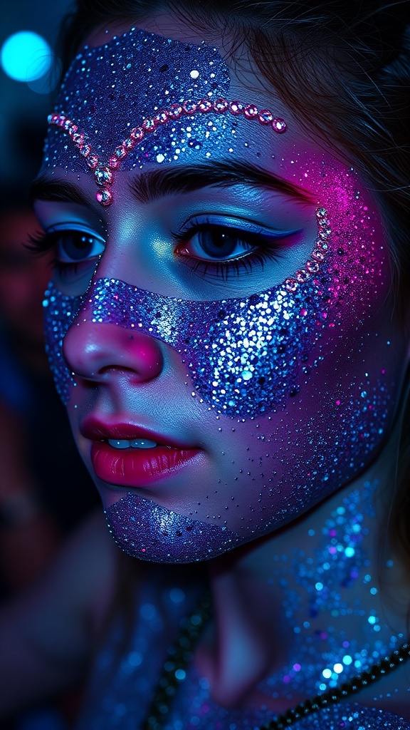A close-up of a woman with colorful body glitter and face gems, showcasing a vibrant rave look.