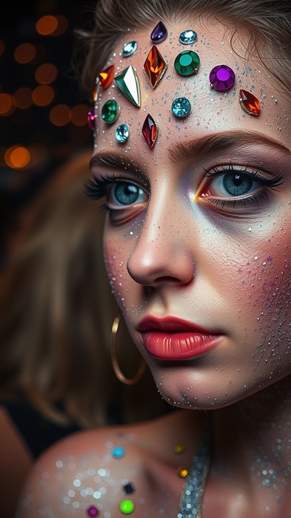 Close-up of a woman with colorful face gems and body glitter on her face