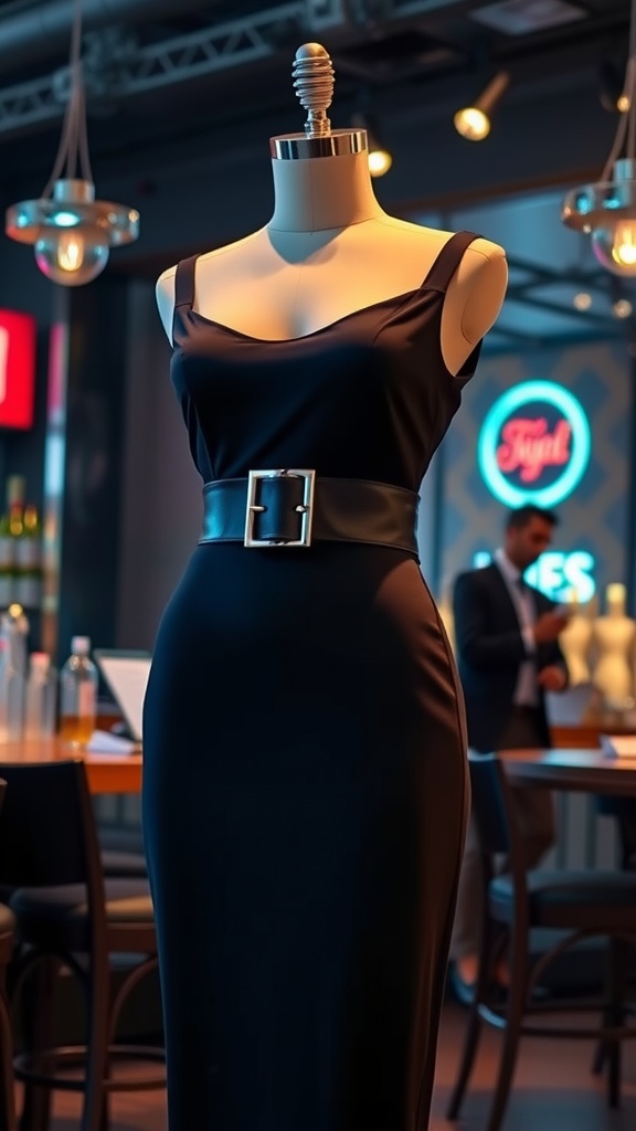 A black bodycon dress on a mannequin with a wide statement belt, set in a stylish bar environment.