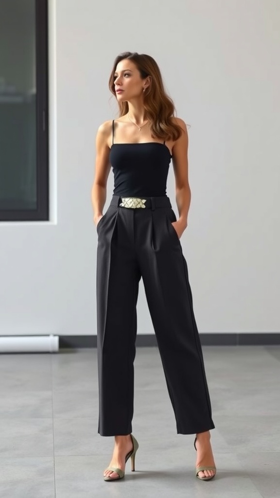 A woman wearing a black bodysuit and wide-leg trousers, posing confidently.