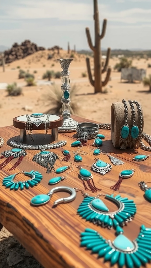 Collection of bohemian jewelry featuring turquoise accents displayed on a wooden table in a desert setting