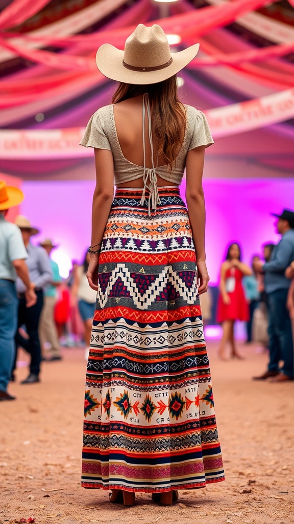 Woman in a colorful bohemian-inspired maxi skirt with a hat, seen from the back at a party.