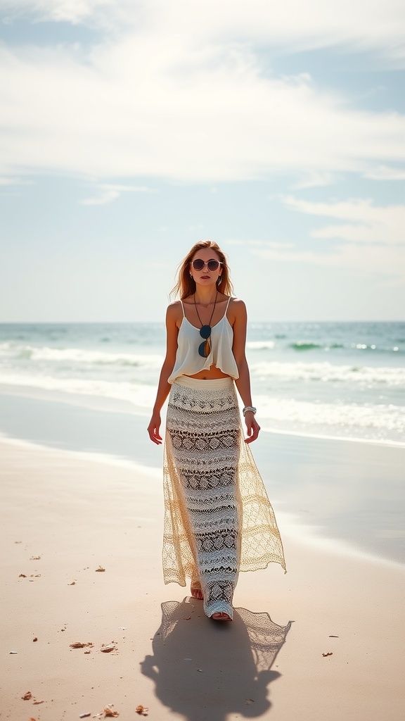 A woman walking on the beach wearing a crochet maxi skirt and a crop top.