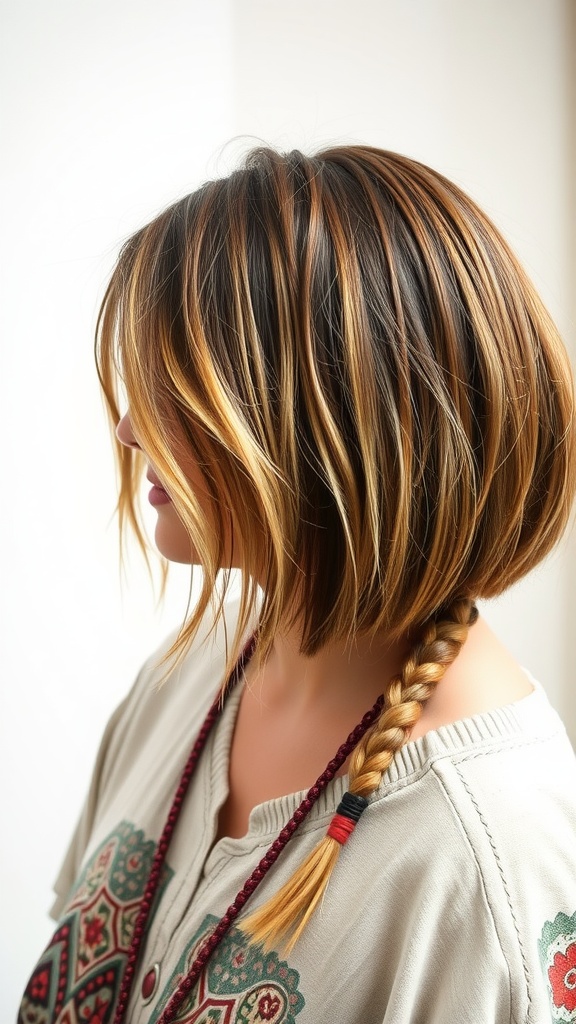 A woman with a bohemian bob hairstyle featuring loose braids, showcasing warm tones and a relaxed style.