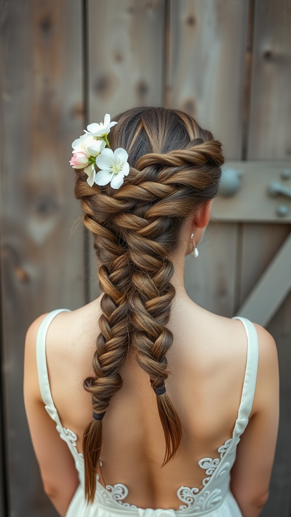 A woman with a bohemian braid updo hairstyle adorned with flowers.