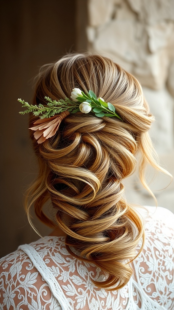 A beautiful bohemian chic updo with cascading curls and floral accents.