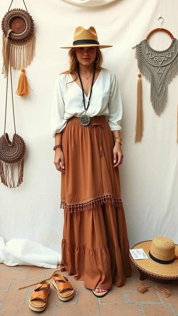 A woman in a flowing brown maxi skirt and white blouse, accessorized with a hat and jewelry, against a simple backdrop.