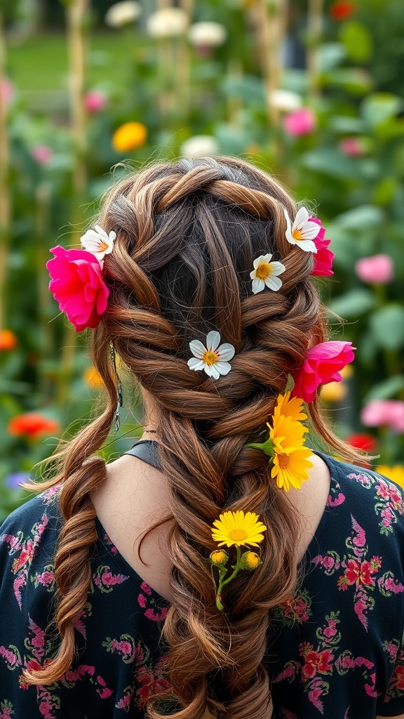 A woman with curly braided hairstyle adorned with flowers in a colorful garden.