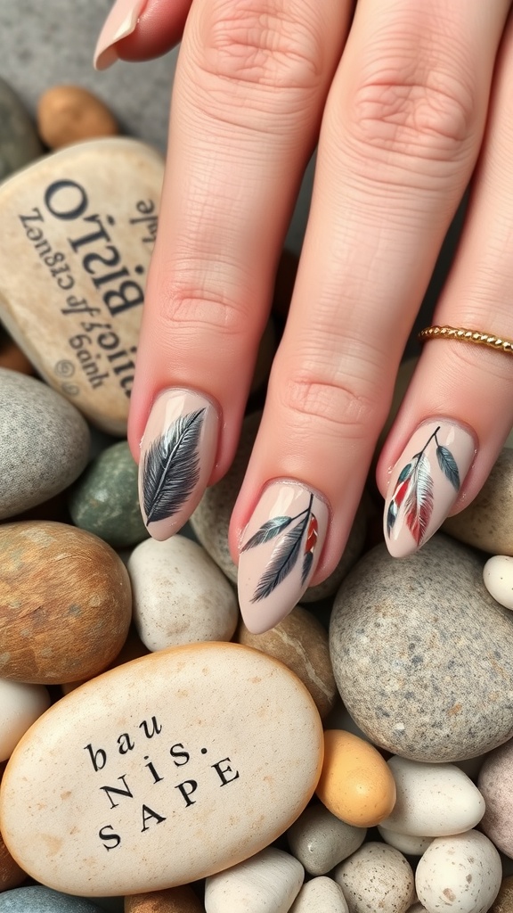 Close-up of nails with bohemian feather designs on a stone surface