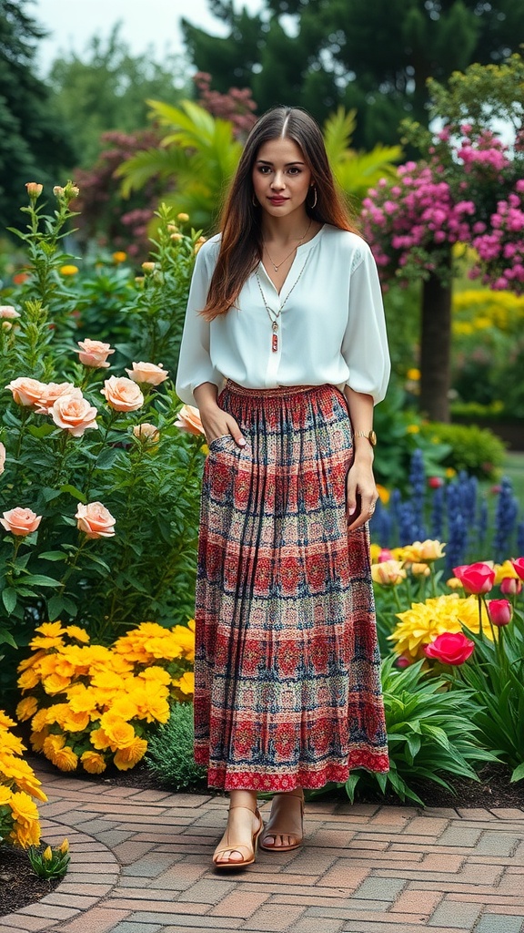 A woman in a floral printed pleated midi skirt and a flowy white blouse standing in a vibrant garden.