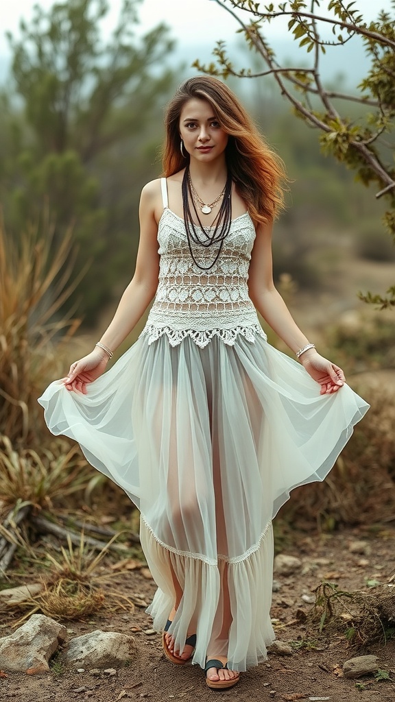 A woman wearing a crochet top and a flowing tulle skirt in a natural outdoor setting.