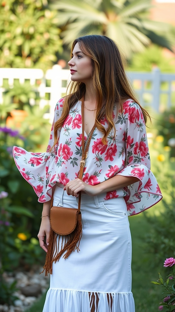 A woman wearing a floral blouse and a white denim skirt, standing in a garden.