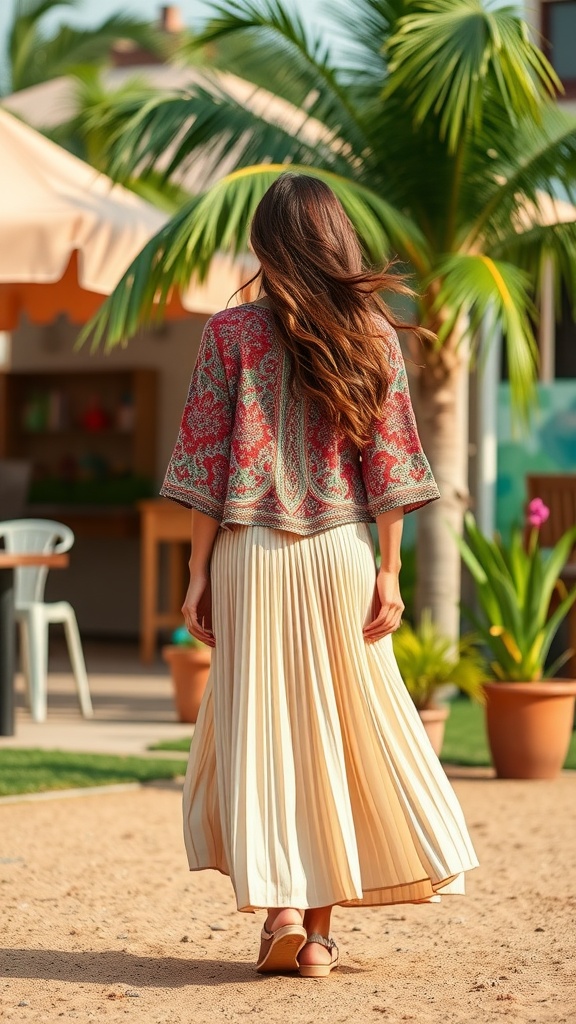 A woman wearing a flowing patterned top and a pleated midi skirt, walking in a sunny outdoor setting surrounded by palm trees.