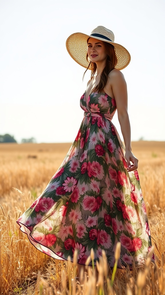 A woman in a floral maxi dress with a straw hat standing in a field