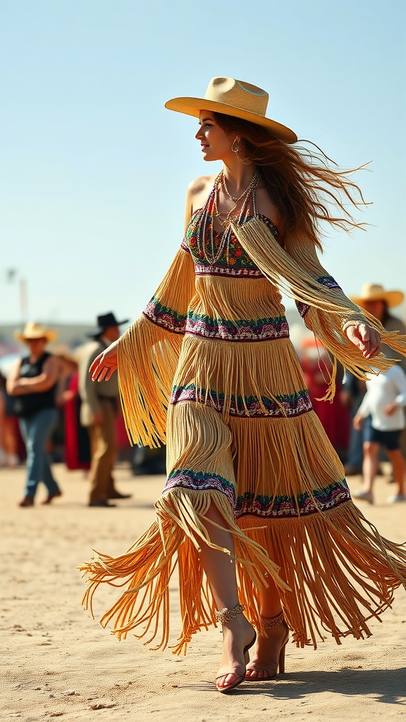 A woman in a bohemian fringe dress with a wide-brimmed hat at a western festival.