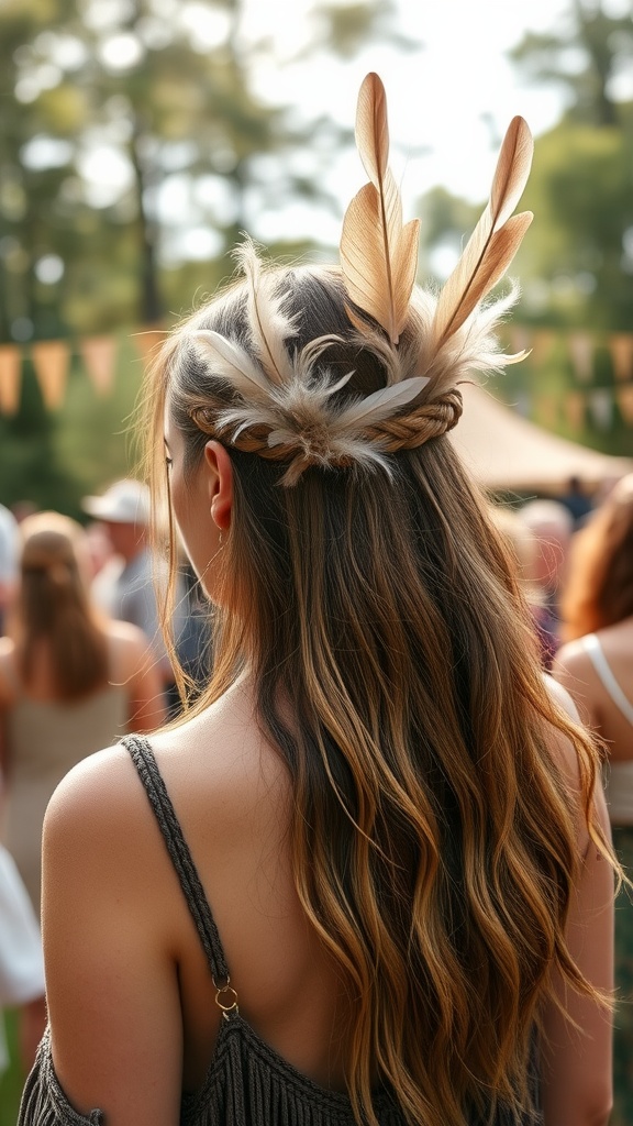 A woman with medium-length hair styled in a bohemian half-up half-down hairstyle, featuring decorative feathers.
