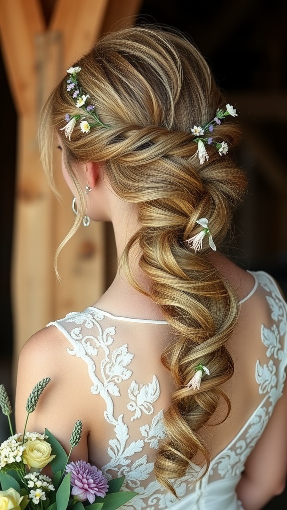 A bride with a Bohemian half-up twist hairstyle adorned with floral accents, showcasing soft waves and a lace gown.