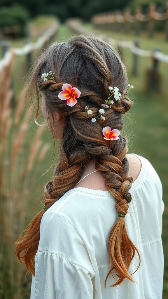 A young woman with half braided hairstyle adorned with flowers, set in a natural outdoor background.
