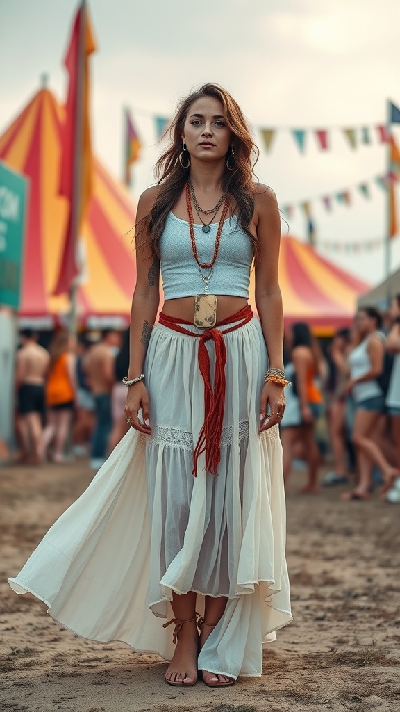 A woman in a flowing white skirt and fitted top, accessorized with layered jewelry, at a vibrant outdoor festival.