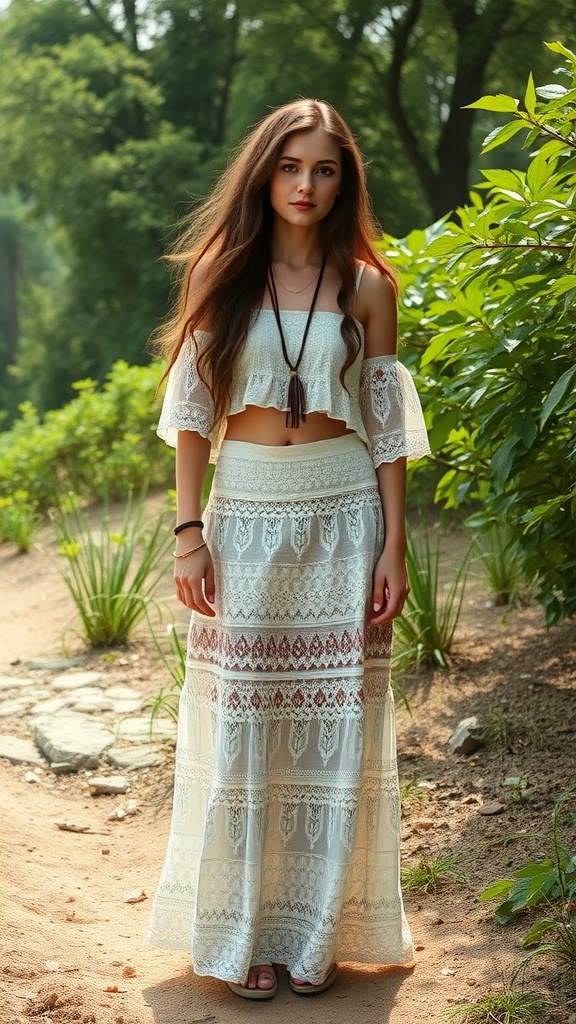 A woman wearing a bohemian lace maxi skirt with a crop top, standing in a natural setting.