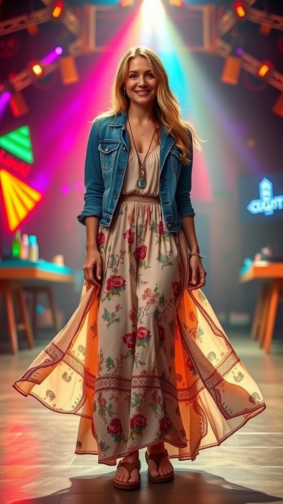 A woman wearing a bohemian maxi dress with a denim jacket, smiling in a colorful, vibrant setting.