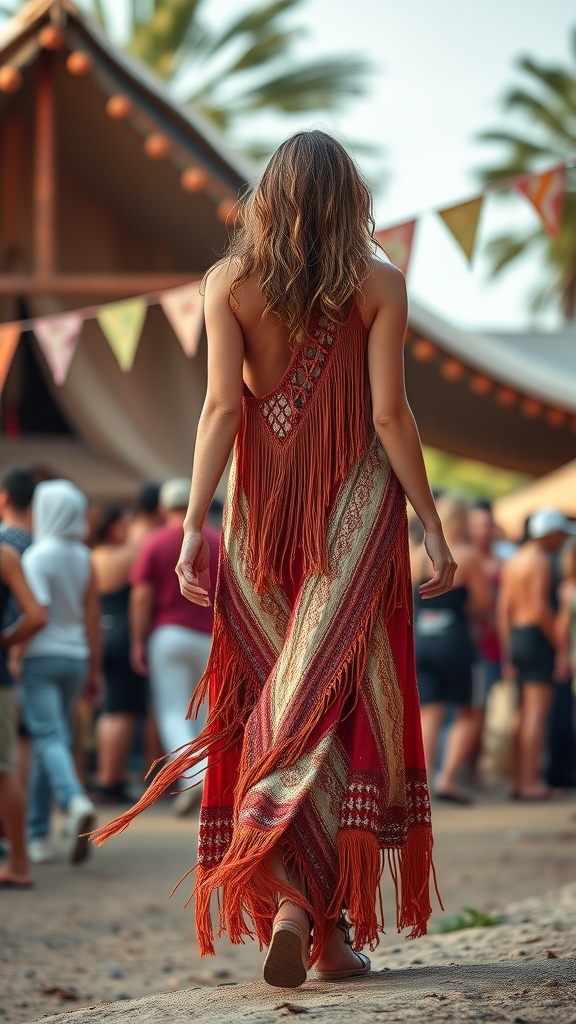A woman in a bohemian maxi dress with fringe walking at a festival.