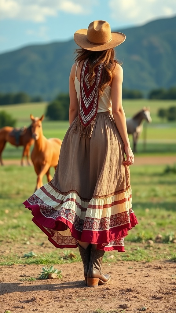 A woman wearing a bohemian maxi skirt and cowboy boots, standing in a field with horses.