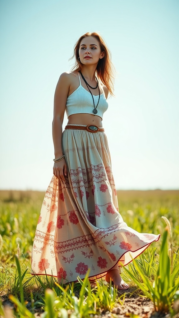 A woman wearing a bohemian maxi skirt and crop top in a field