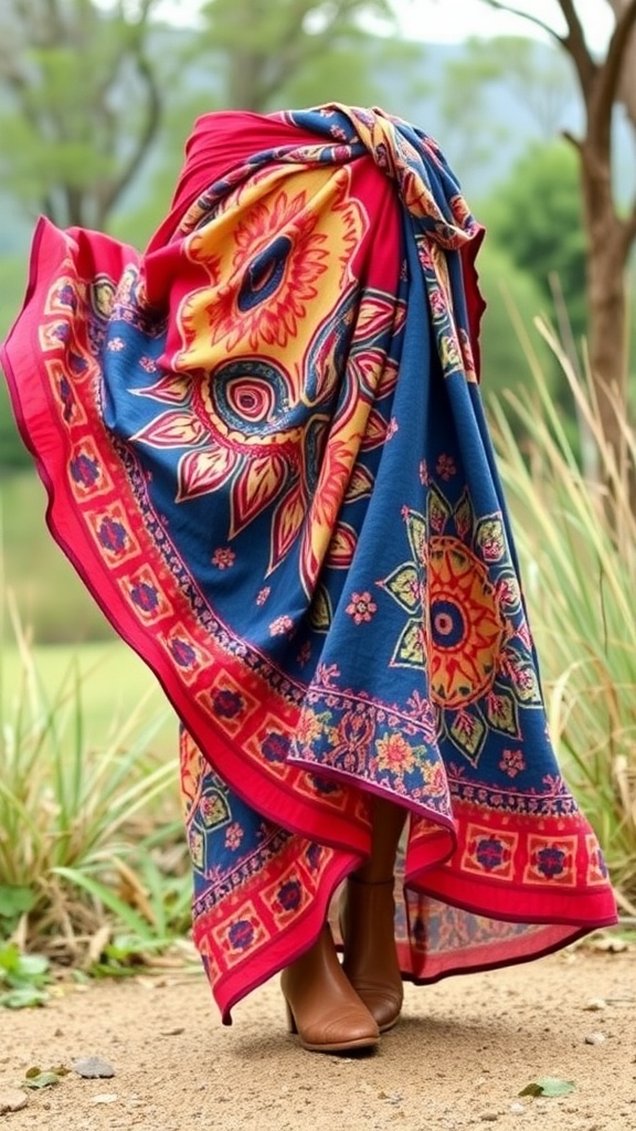 A colorful bohemian maxi wrap skirt with floral designs, paired with brown boots, set against a natural outdoor backdrop.
