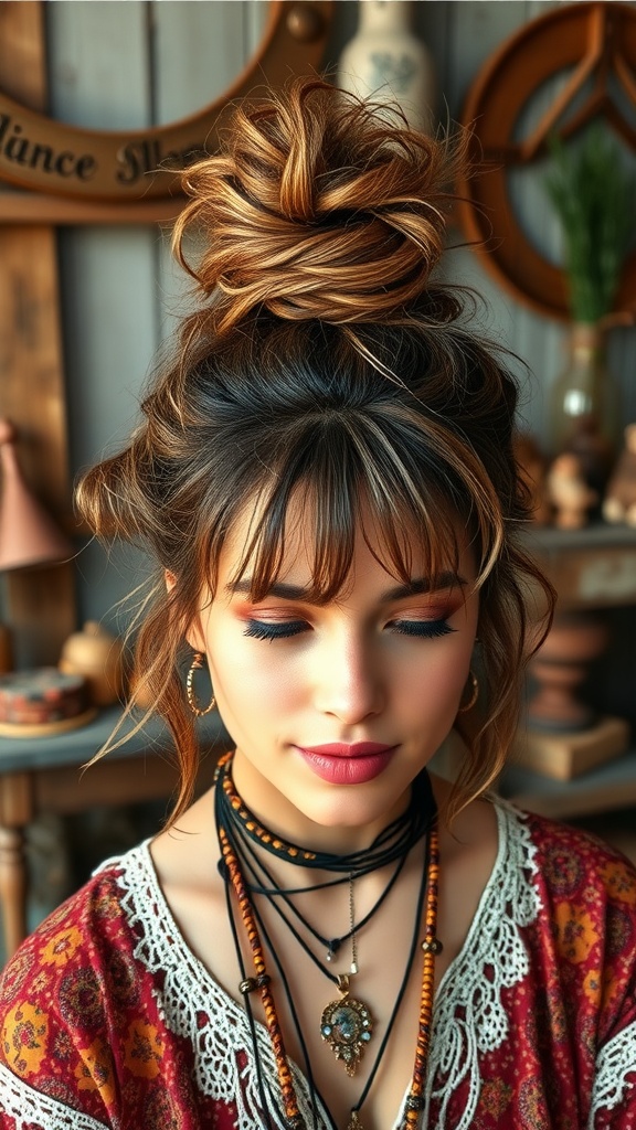 A woman with a bohemian messy bun hairstyle, warm tones in her hair, wearing layered necklaces and earrings.