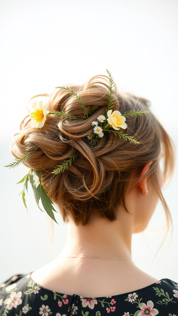 A woman with a bohemian messy updo hairstyle featuring flowers and greenery.