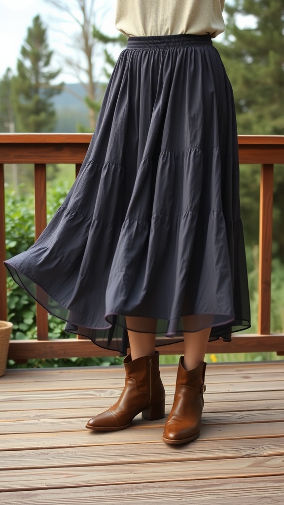 A flowing dark skirt paired with brown ankle boots, showcasing a casual boho outfit.