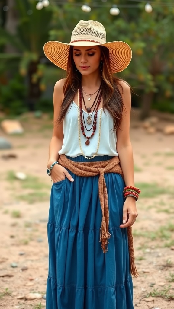 A woman wearing a blue maxi skirt and accessories in a bohemian style.