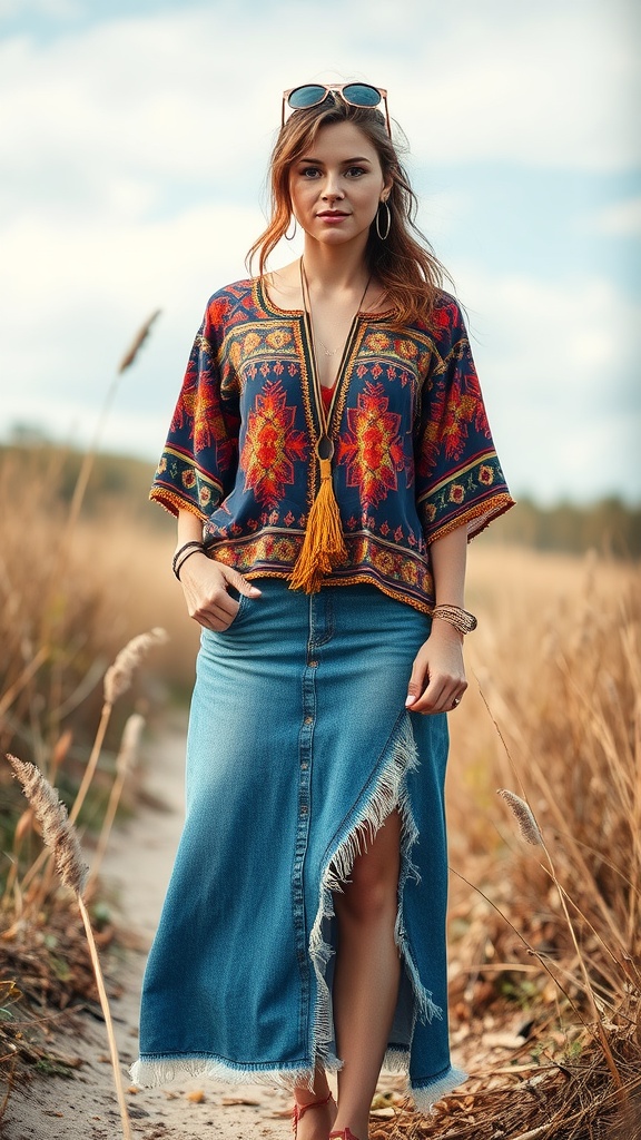 A woman wearing a patterned top and a long jean skirt in a grassy field.