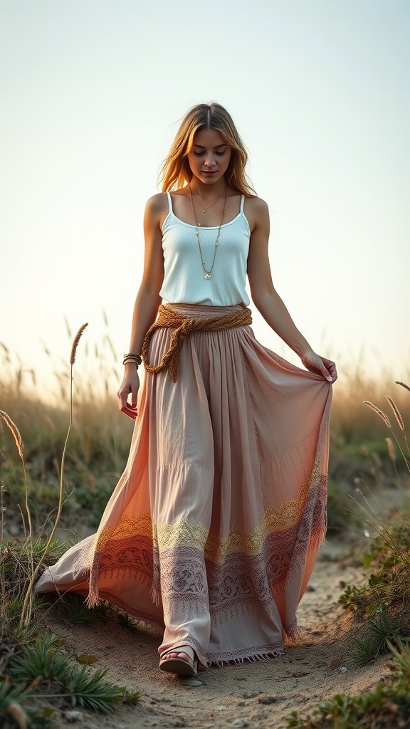 A woman wearing a bohemian style maxi skirt and tank top, walking in a field during golden hour.