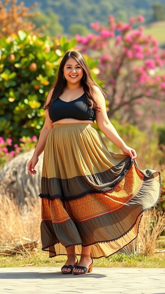 A woman in a tiered bohemian-style skirt and tank top standing in a garden setting.