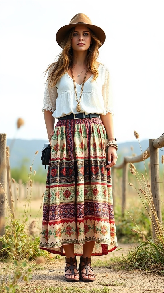 A woman in a printed midi skirt and white top styled with a floppy hat, standing outdoors.