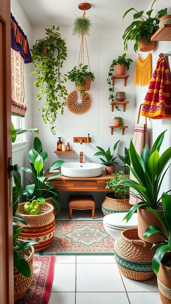 A stylish bathroom featuring a variety of indoor plants, woven baskets, and bohemian decor.