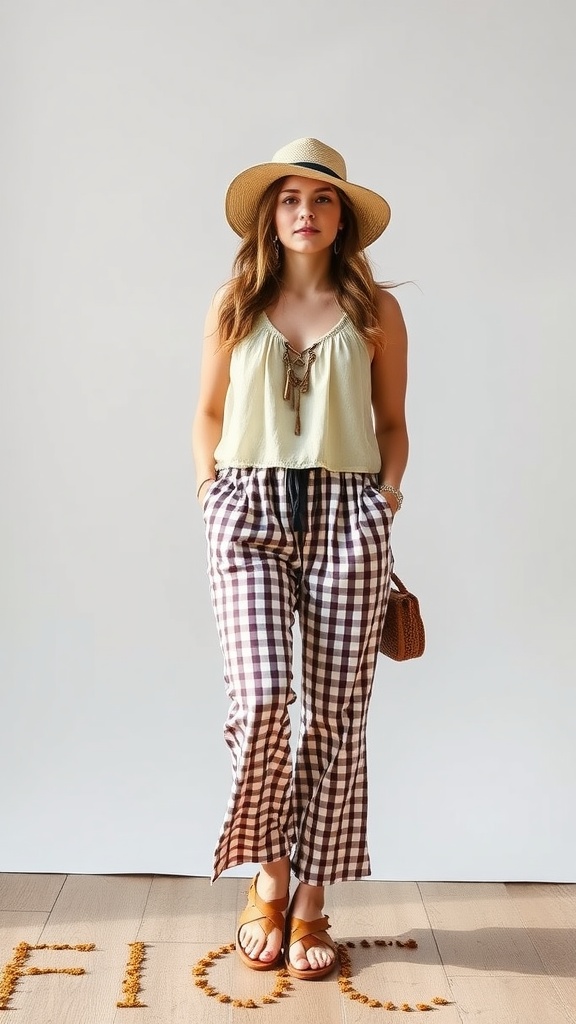 A model wearing a light green top and brown and white gingham pants with sandals, accessorized with a wide-brimmed hat.