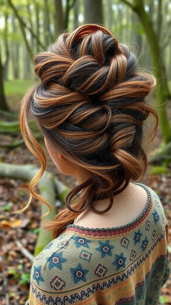 A woman with a Bohemian twist updo hairstyle featuring flowing curls, set in a natural background.