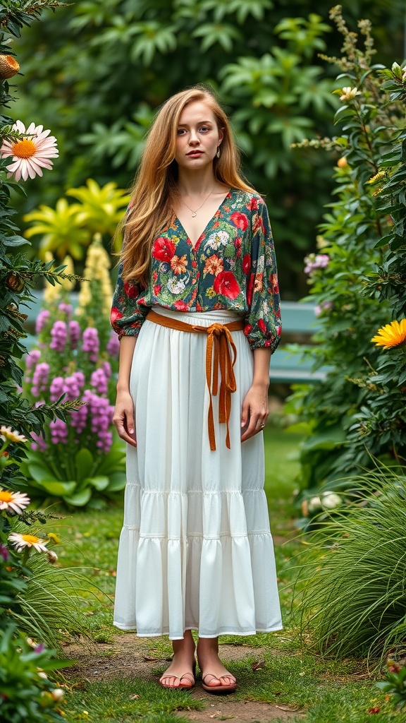 A woman with long hair wearing a floral top and a white midi skirt in a garden setting.